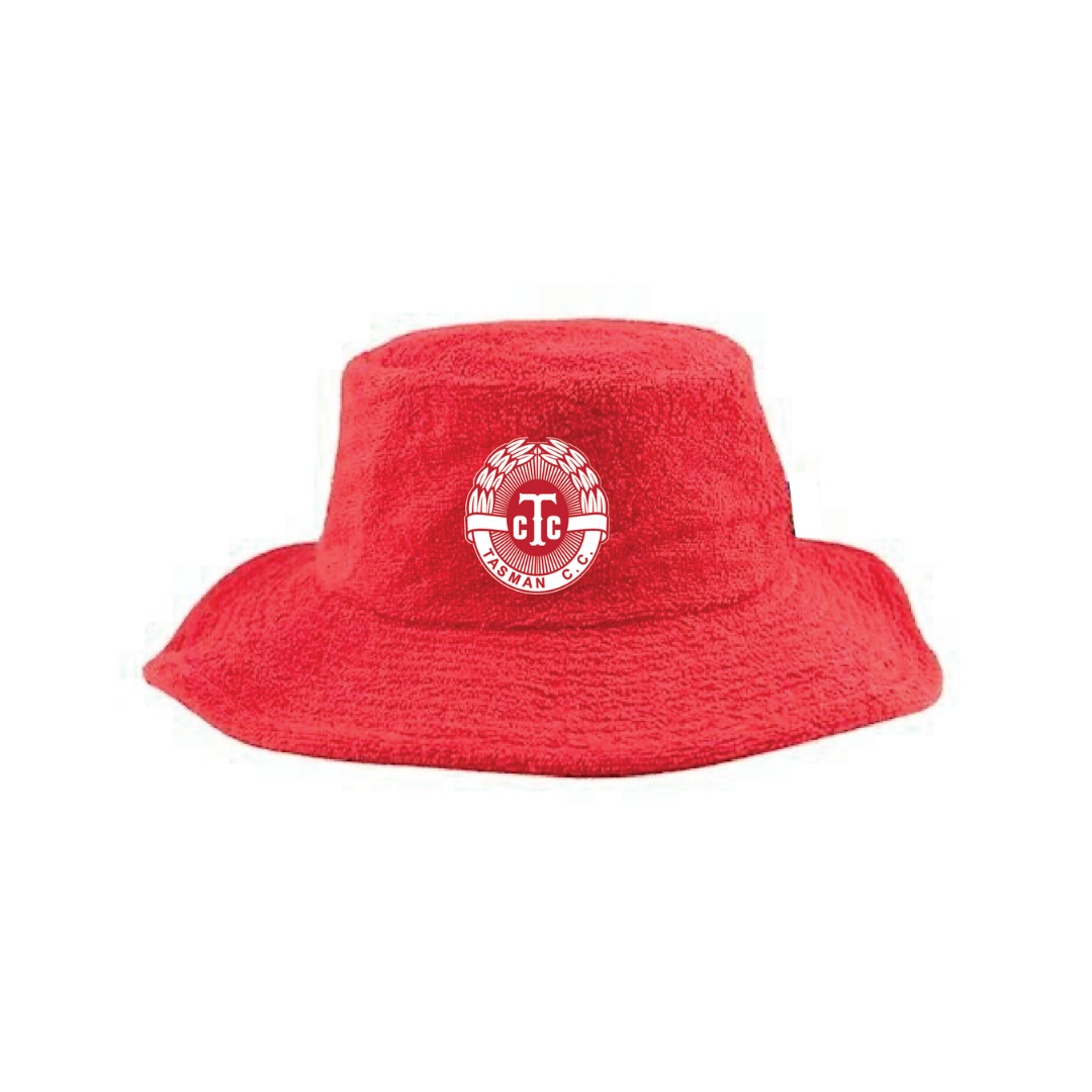 Tasman CC Terry Towelling Bucket Hat - RED Playing